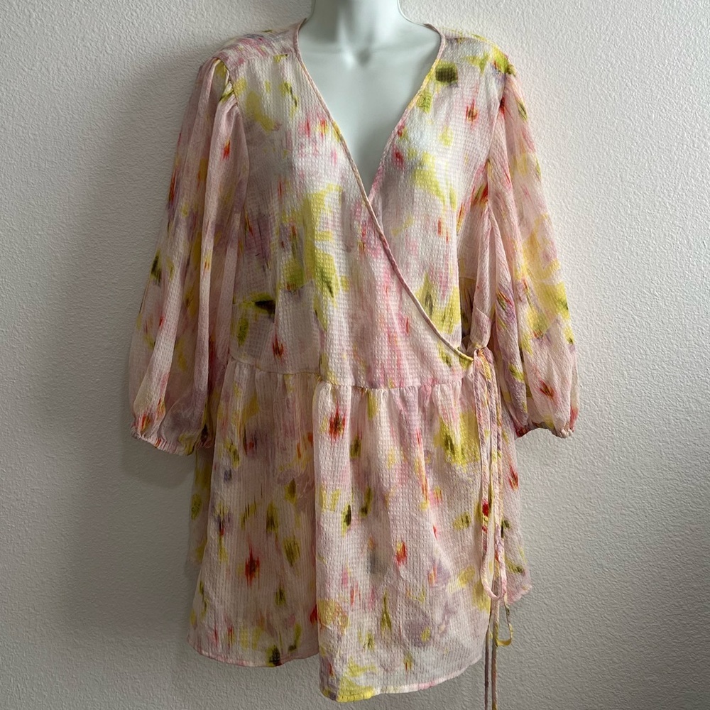 NEW Future Collective Women's  watercolor 3/4 Sleeve V-Neck Wrap Top Sz 1X